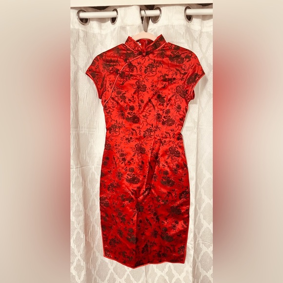 Vintage 90's Style Y2K Cheongsam Chinese Red & Black Satin Dress 100% Silk - Picture 1 of 16